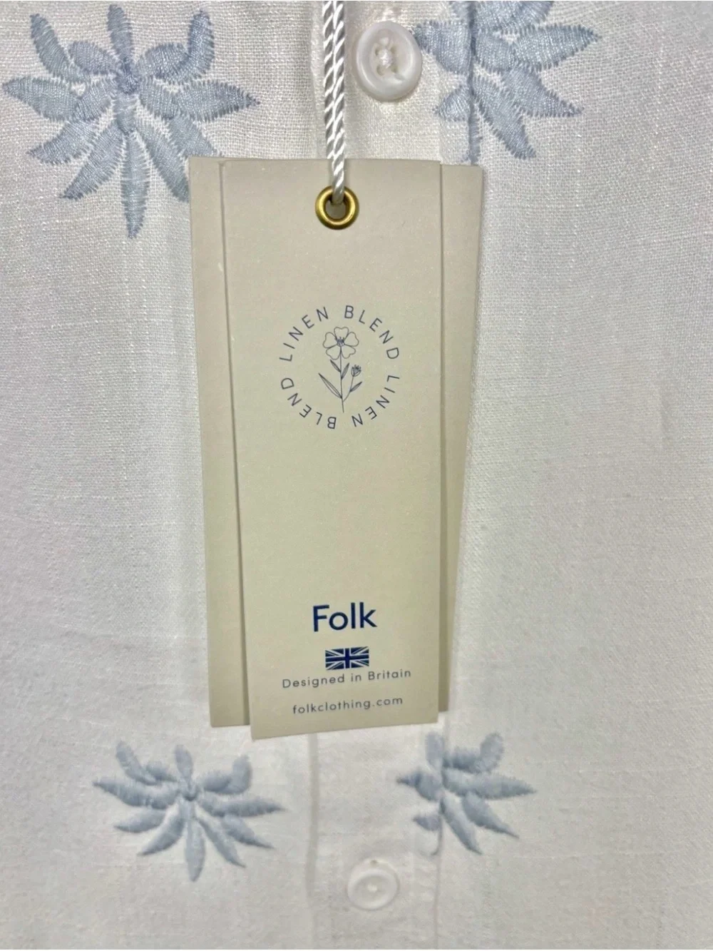 NWT Folk Conway Short Sleeve White Blue Leaf Palm Linen Shirt Medium - Picture 4 of 6